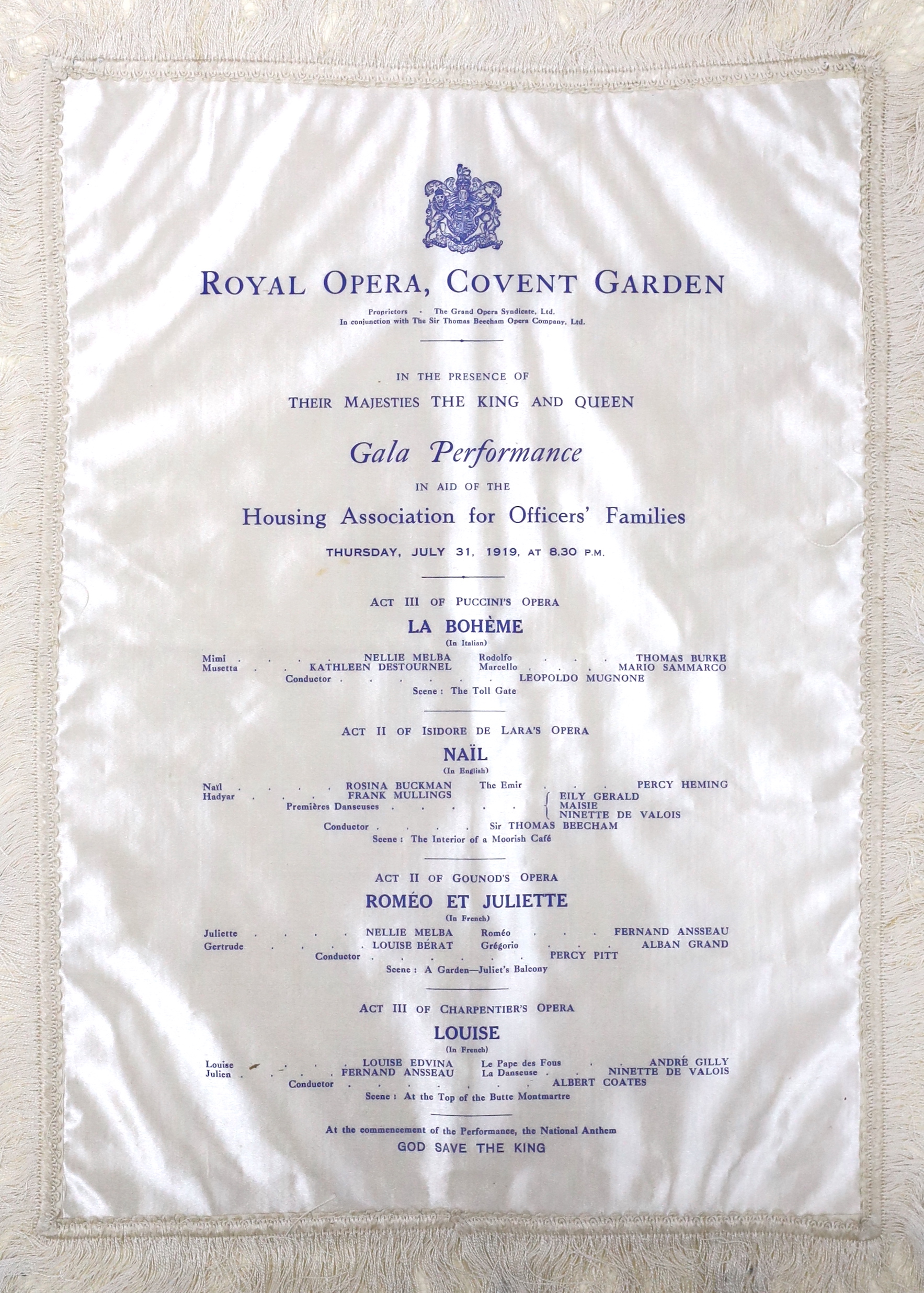 A vintage silk Royal Opera, Covent Garden programme, framed, 43 x 33cm